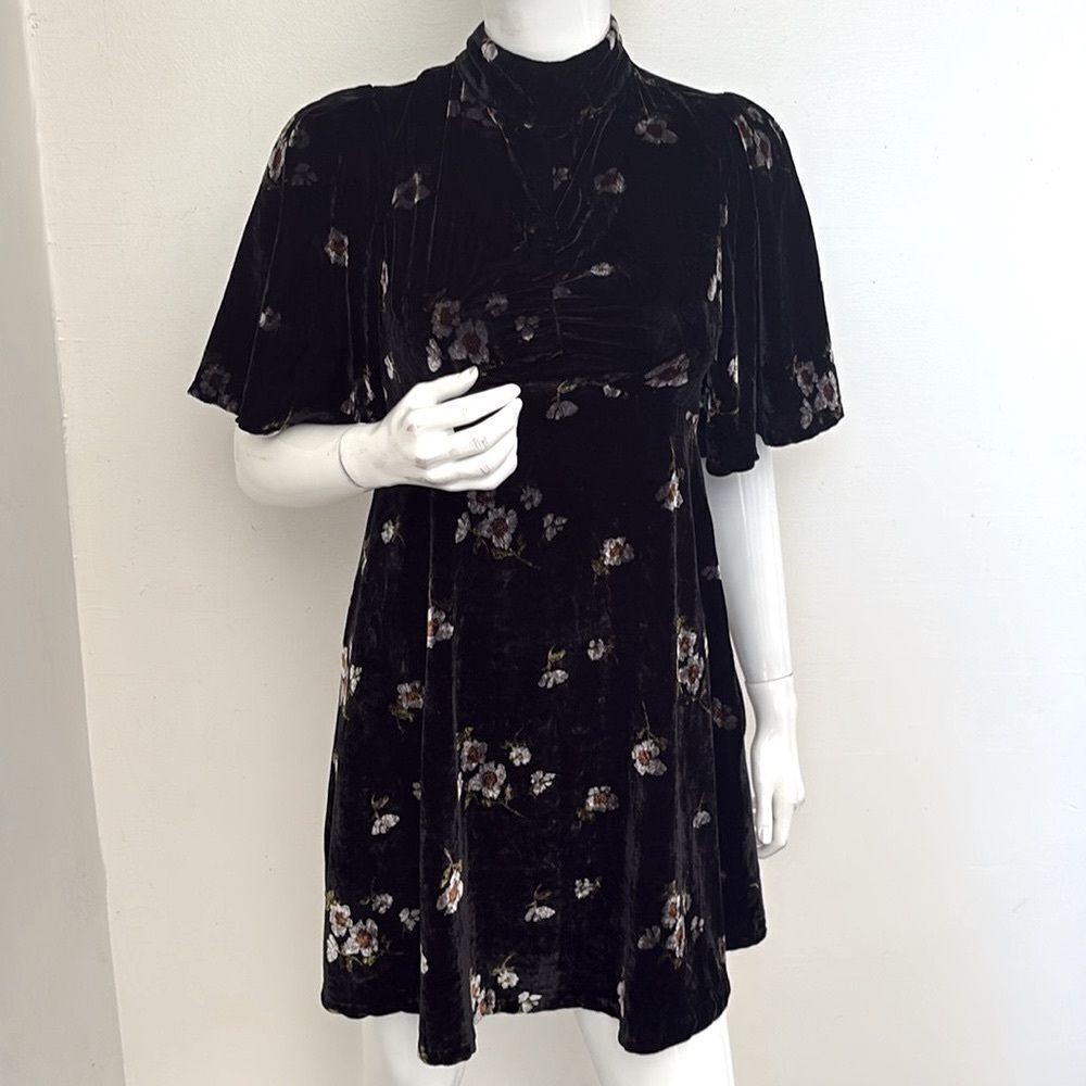 Free People Be My Baby Black Velvet Floral Mini Dress Buttons Down the Back